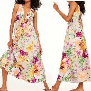H&M | Linen Blend V-Neck Multicolor Floral Sleeveless Cottagecore Maxi Dress